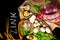 Foods High in Zinc as octopus, beef, buckwheat, yellow cheese, spinach, avokado,pea, mushrooms, bean, radishes, eggs. Top view