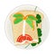 Foodstuff Arranged in the Shape of Island with Palm Tree on Plate Above View Vector Illustration