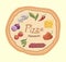 Foodstuffs. Ingredients for pizza. Color vector illustration on beige