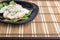 Foodstyle background with three slices of baked chicken on a black plate