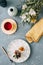 Foodstyling with tea on wooden background