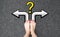 Foot and arrow on road background, top view. Yellow question mark and graffiti two arrows sign, choice creative concept of making