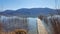 a foot bridge with reed on a lake