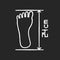 Foot length from toe to heel chalk white icon on black background. Body part size specification, shoemaking. Measuring