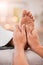 Foot massage, spa and woman client ready for feet healing, therapy and relax treatment. Physiotherapy, health clinic and