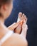 Foot pain, dance injury and ballet feet strain from fitness, workout and exercise in a gym. Massage, pilates and athlete