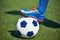 Foot of soccer player in football boot on ball