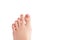 Foot and toes of Asian woman which has The index finger is longer than the thumb isolated on white background