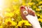 Foot of a young woman with a spring flower in fingers