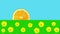 Footage animated cartoon orange slice appearing like sun from horizon on blue sky over green grass with yellow flowers