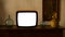 footage of Dated TV Set with white Screen Mock Up Chroma Key Template Display, Nostalgic living room with furniture and old mirror