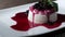 Footage of a panna cotta cake on a white plate, the shot is moving from the left side to the right