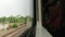 Footage rice field, mountain, forest, railroad track, view from window inside train