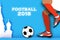Football 2018 in paper cut style. Origami world championship on blue. Football cup. Soccer boots. Russian architecture