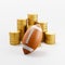 Football Ball ahead of Stacks of Coins on Light Gray Background