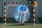 Football ball game in inflatable transparent spheres. sports and entertainment. active recreation and hobbies