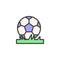 Football ball on grass filled outline icon