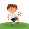 Football boy Runs attacking, passes passes, active dynamic, movements. kid play with soccer ball. running school child playing in