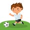 Football boy Runs attacking, passes passes, active dynamic.soccer ball. running school child. Vector illustration in flat style