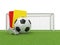 Football concept. Penalty (red and yellow) card, metal whistle and soccer (football) ball and gate