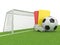 Football concept. Penalty (red and yellow) card, metal whistle and soccer (football) ball and gate