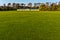 Football court with green grass daytime empty