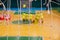 Football defocused player penalty on field, Futsal ball field in the gym indoor, Soccer sport field