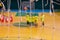 Football defocused player penalty on field, Futsal ball field in the gym indoor, Soccer sport field