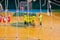 Football defocused player penalty on field, Futsal ball field in the gym indoor, Soccer sport field