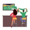 Football Fan Characters Enjoying Match on Tv Sit with Team Attributes at Night Club Desk Rear View Vector Illustration