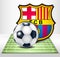 Football field with ball and football clubs barcelona logo.