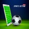 Football field on screen of smart phone and ball on soccer stadium. Soccer online concept. Sports betting online banner. Vector