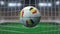 Football with flags of Belgium hits goal net. 3D rendering