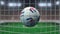 Football with flags of Cuba hits goal net. Slow motion 3D animation
