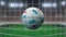 Football with flags of Luxembourg hits goal net. Slow motion 3D animation