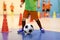 Football futsal training for children. Boys training dribble skills