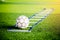 Football between ladder drills on green artificial turf for foot