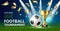 Football league tournament poster. Soccer ball with golden winner cup, flying confetti, invitation banner on sport