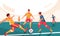 Football match scene. Cartoon players in competition, tense group fight dynamic panoramic view of players in game. Vector