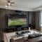 Football match on widescreen flat TV at home, sport and entertainment concept