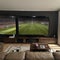 Football match on widescreen flat TV at home, sport and entertainment concept