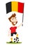 Football player for Belgium, cartoon man holding Belgian flag wearing red shirt and black shorts