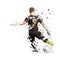 Football player in black jersey kicking ball, abstract low poly vector drawing. Soccer, isolated geometric colorful illustration