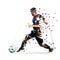 Football player in black jersey running with ball, abstract low poly vector drawing. Soccer player kicking ball. Isolated