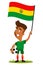 Football player for Bolivia, cartoon man holding Bolivian flag wearing green shirt and shorts