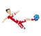 Football player character showing actions. Cheerful soccer player kicking the ball, jumping. Simple style vector