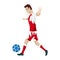 Football player character showing actions. Cheerful soccer player running, kicking the ball, jumping. Simple style