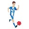 Football player character showing actions. Cheerful soccer player running, kicking the ball, jumping. Simple style