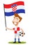 Football player for Croatia, cartoon man holding Croatian flag wearing red and white shirt and shorts