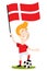 Football player for Denmark, cartoon man holding Danish flag wearing red shirt and white shorts